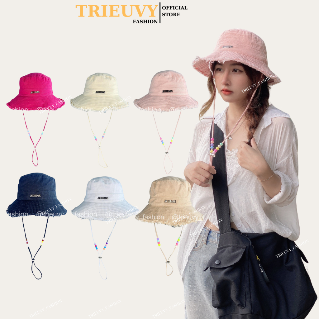 Nón bucket rộng vành tua rua viền rách Jacquemus gắn hạt màu, mũ tai ...