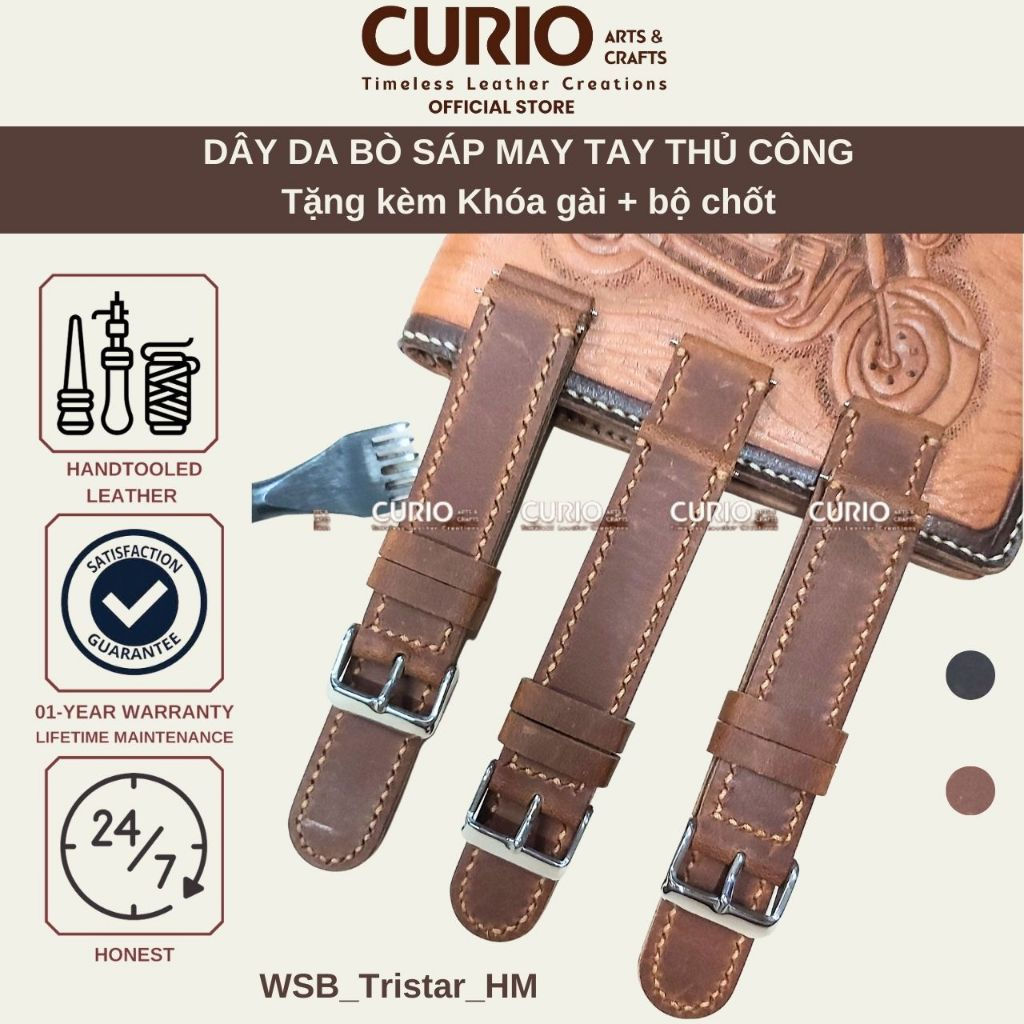 Dây đồng hồ da bò thủ công handmade vintage size 18, 20, 22mm (WSB_Tristar_HM) - CURIO LEATHER