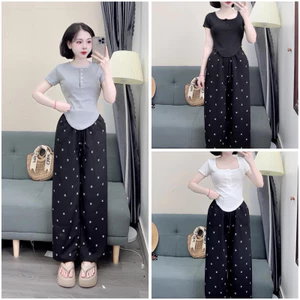 Sst bộ áo croptop xẻ trước mix quần xuông chan neo - Set bộ xẻ trước
