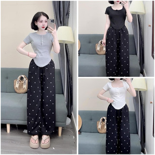 [ Rẻ vô địch ] Sst bộ áo croptop xẻ trước mix quần xuông chan neo - Set bộ xẻ trước
