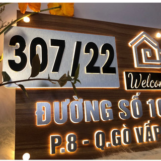 BẢNG, BIỂN SỐ NHÀ. ĐÈN LED  Alu giả vân gỗ  + Mica, số nổi đế mica trong, ngoài trời