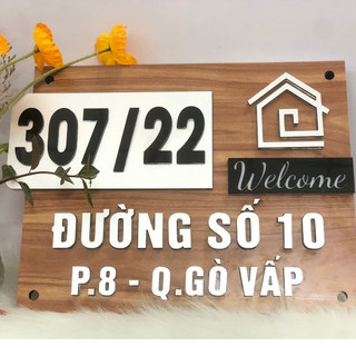 BẢNG, BIỂN SỐ NHÀ. ĐÈN LED  Alu giả vân gỗ  + Mica, số nổi đế mica trong, ngoài trời