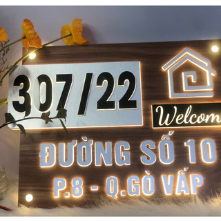 BẢNG, BIỂN SỐ NHÀ. ĐÈN LED  Alu giả vân gỗ  + Mica, số nổi đế mica trong, ngoài trời