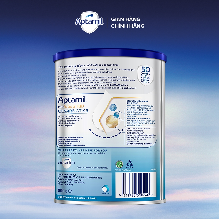 [MUA LÀ CÓ QUÀ] Combo 3 Sữa bột Aptamil Kid Cesarbiotik New Zealand số 3 (800g) cho bé 2-6 tuổi_LS