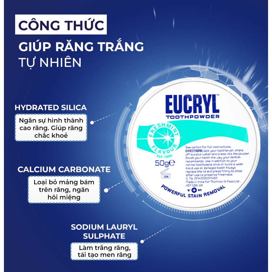 Combo 2 Kem đánh răng ( 62gx2) + bột đánh răng Eucryl ( 50g) hỗ trợ làm trắng răng