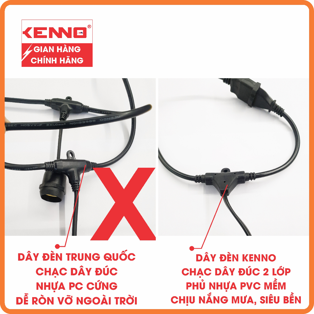 Dây đui đèn E27 kín nước, ngoài trời KENNO trang trí, LÕI ĐỒNG 100% quán cafe, trà sữa, gia đình