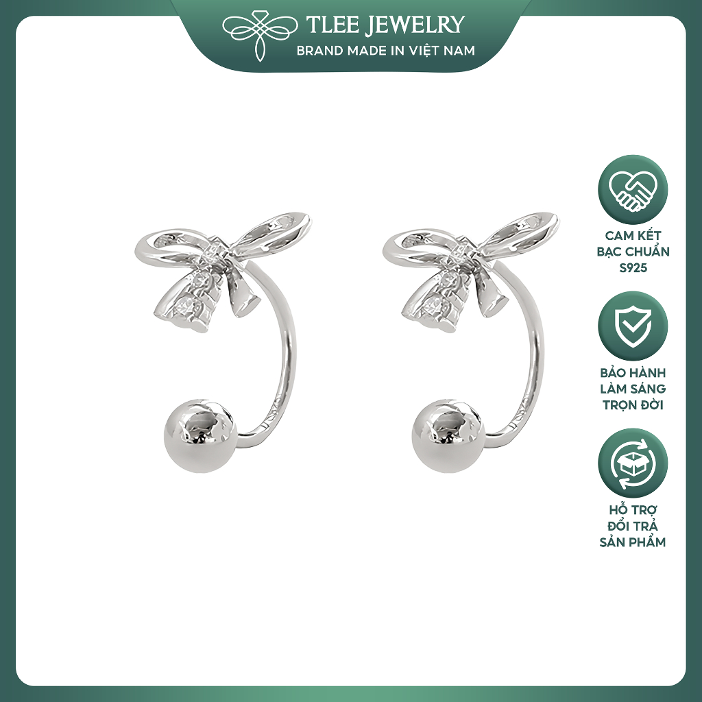 Khuyên tai bạc nữ TLEE nơ dáng cong chốt vặn nữ tính TLEE JEWELRY B0103