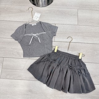 XẢ KHO 99K Set Bộ Đồ Nữ Màu Ghi Áo Len Tăm Cúp Ngực Ôm Body Phối Viền Ren Nơ Ngực Mix Chân Váy Kaki Xước Thái Nơ Nổi