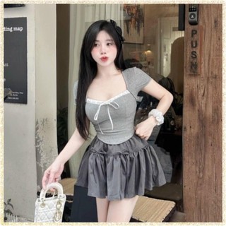 XẢ KHO 99K Set Bộ Đồ Nữ Màu Ghi Áo Len Tăm Cúp Ngực Ôm Body Phối Viền Ren Nơ Ngực Mix Chân Váy Kaki Xước Thái Nơ Nổi