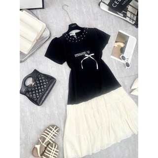 Váy Suông Nữ Tag Miumiu Đá Nơ Nổi Chạy Cườm Đá Cổ Phối Gấu Voan Be Ngắn Tay Đầm Nữ Freesize Form Rộng