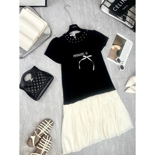 Váy Suông Nữ Tag Miumiu Đá Nơ Nổi Chạy Cườm Đá Cổ Phối Gấu Voan Be Ngắn Tay Đầm Nữ Freesize Form Rộng