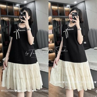 Váy Suông Nữ Tag Miumiu Đá Nơ Nổi Chạy Cườm Đá Cổ Phối Gấu Voan Be Ngắn Tay Đầm Nữ Freesize Form Rộng