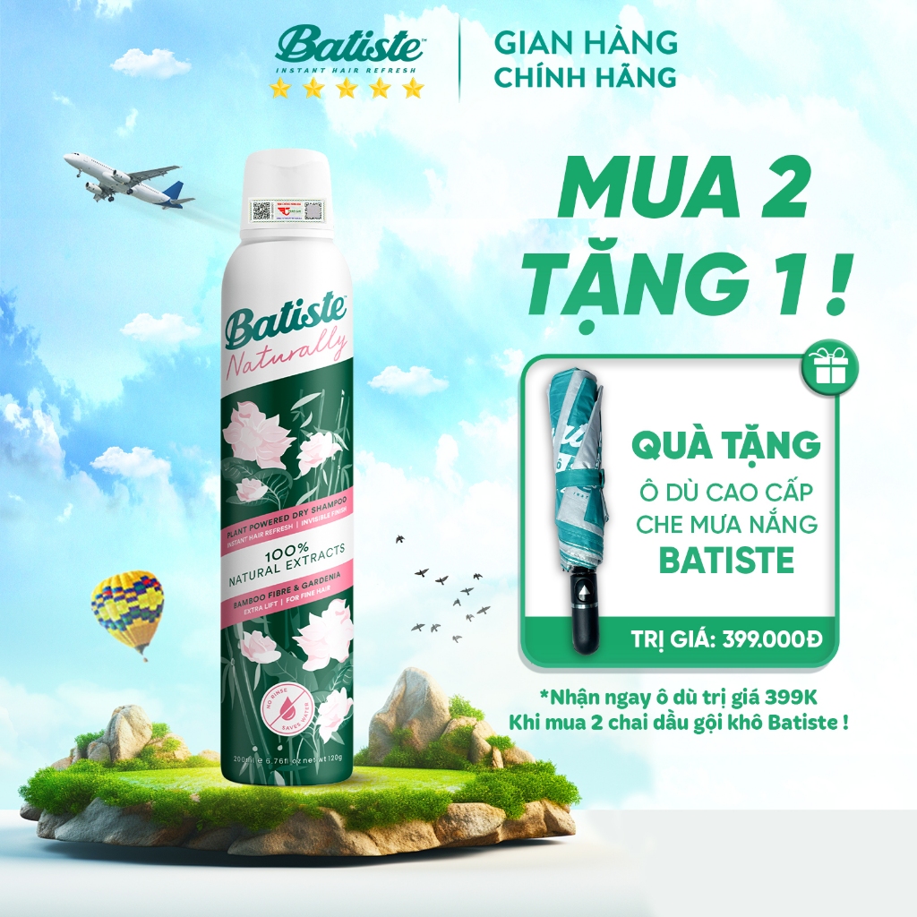Ảnh Dầu Gội Khô Batiste Naturally 100% Thuần Chay Thiên Nhiên Từ Măng Tre & Hoa Dành Dành 200ml (Baboo Fibre & Gardenia) 2