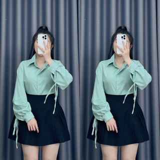 Áo sơ mi nữ tay phồng buộc nơ cách điệu chất lụa chéo mềm mịn phù hợp nhiều phong cách (có bigsize) 50-96kg SM170