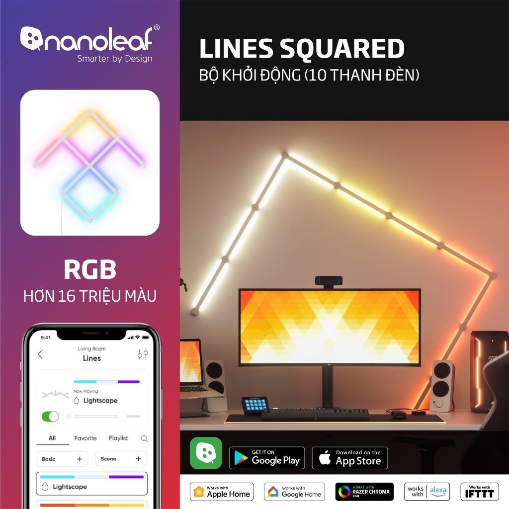 Đèn LED RGB lắp ghép thông minh Nanoleaf Lines Squared 10 thanh đèn (Bộ ...
