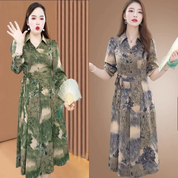 Đầm trung niên cho mẹ mặc dự tiệc, váy trung niên cho mẹ Lụa Pháp cổ Sơ Mi (ph02)