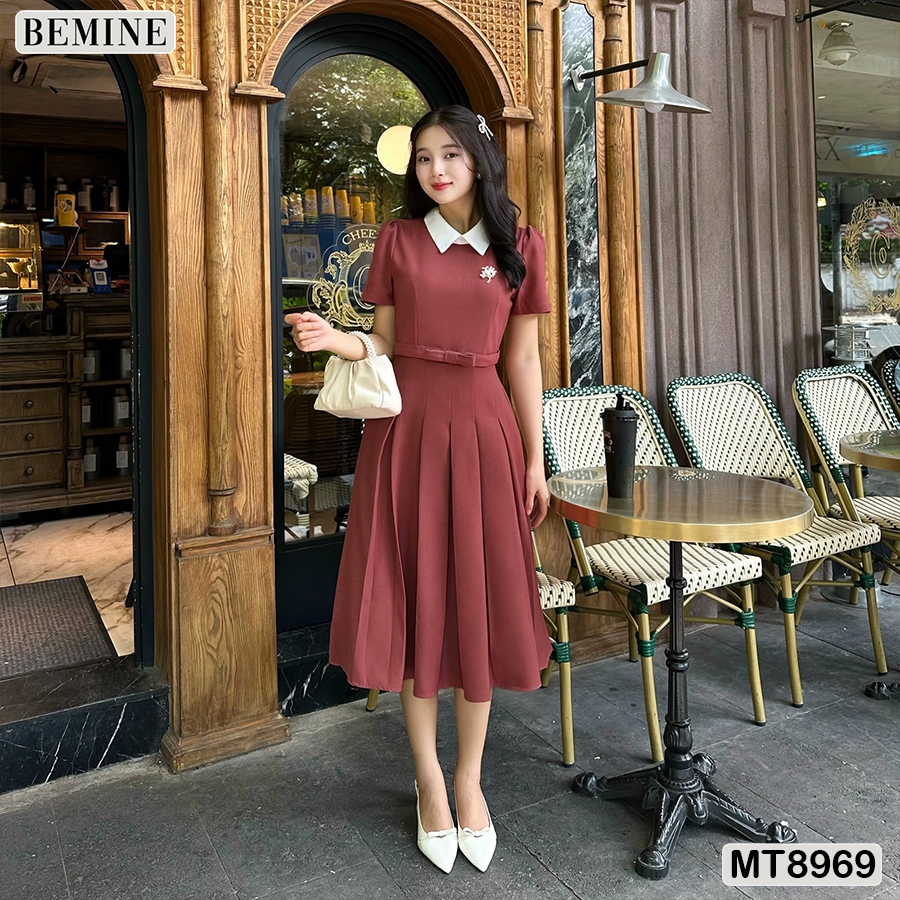 Ảnh Đầm thiết kế cổ sen eo đính nơ tùng xếp ly BEMINE MT8969 4
