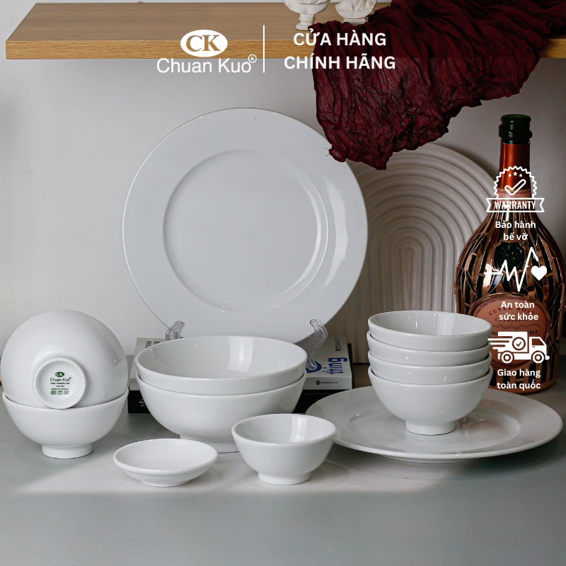 Bộ bát đĩa 12 món sứ trắng trơn thương hiệu CK - Set đồ ăn chuyên dụng cho nhà hàng, khách sạn