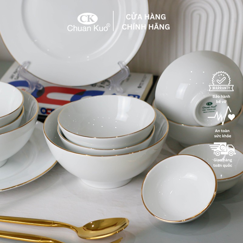 Bộ bát đĩa 12 món sứ viền vàng thương hiệu CK - Set đồ ăn chuyên dụng cho nhà hàng, khách sạn