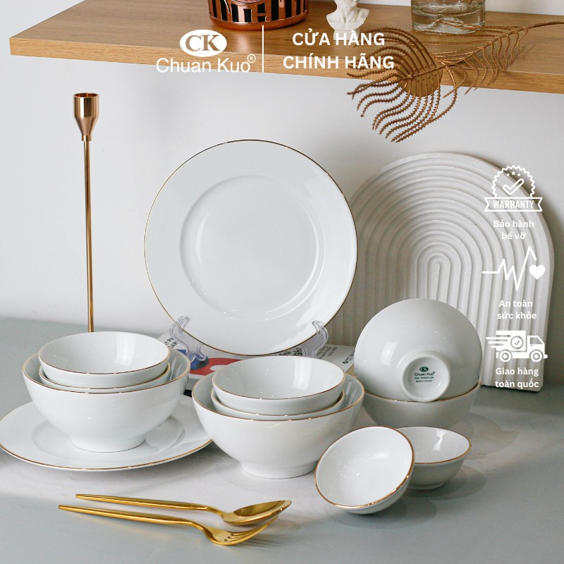 Bộ bát đĩa 12 món sứ viền vàng thương hiệu CK - Set đồ ăn chuyên dụng cho nhà hàng, khách sạn