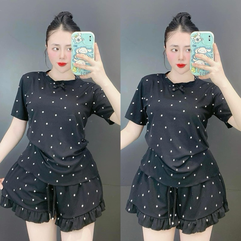 SET BỘ ĐÙI MẶC NHÀ TĂM LẠNH hoa nhí - chấm bi đính nơ viền bèo