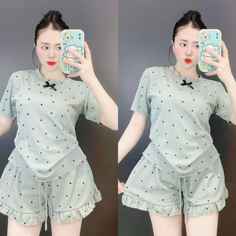 SET BỘ ĐÙI MẶC NHÀ TĂM LẠNH hoa nhí - chấm bi đính nơ viền bèo