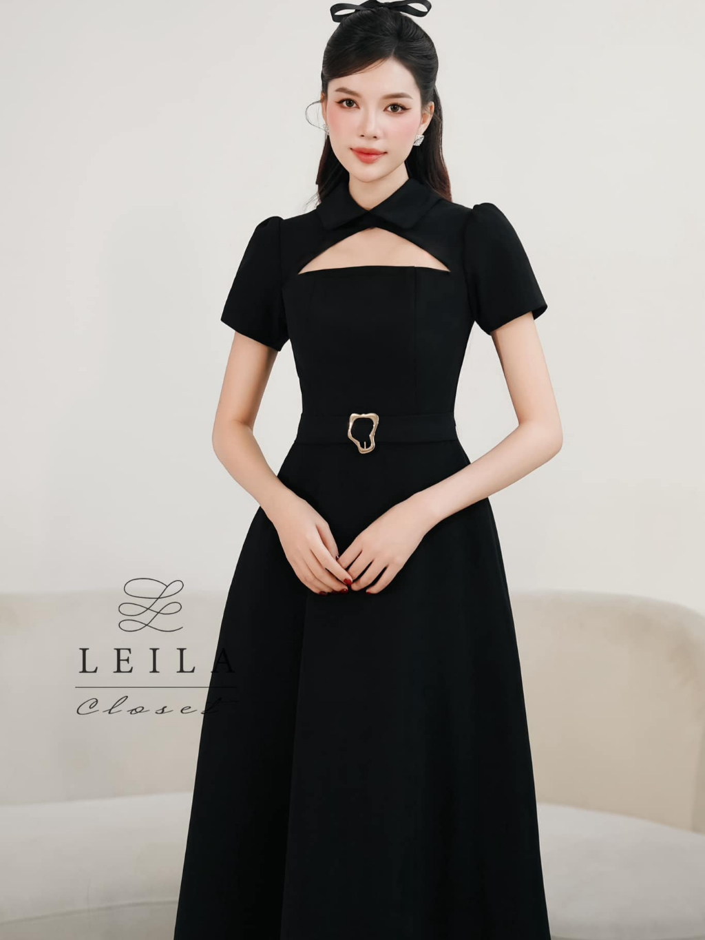 Ảnh LEILA CLOSET | Đầm thiết kế Sanee đen cổ Đức khoét ngực, tùng xoè dài có túi, dây belt tôn dáng 1