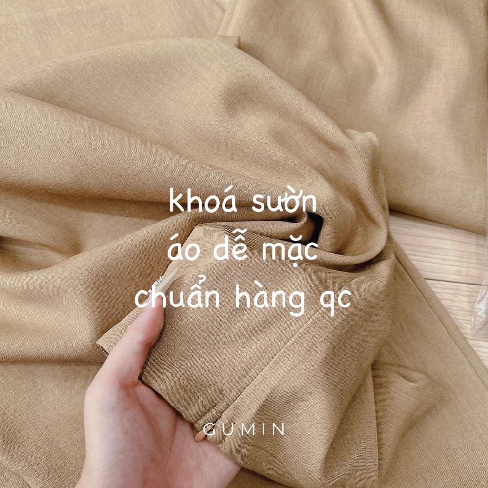 Set áo váy nâu GUMIN thiết kế áo dập ly vai kèm chân váy xẻ sau thanh lịch sang trọng