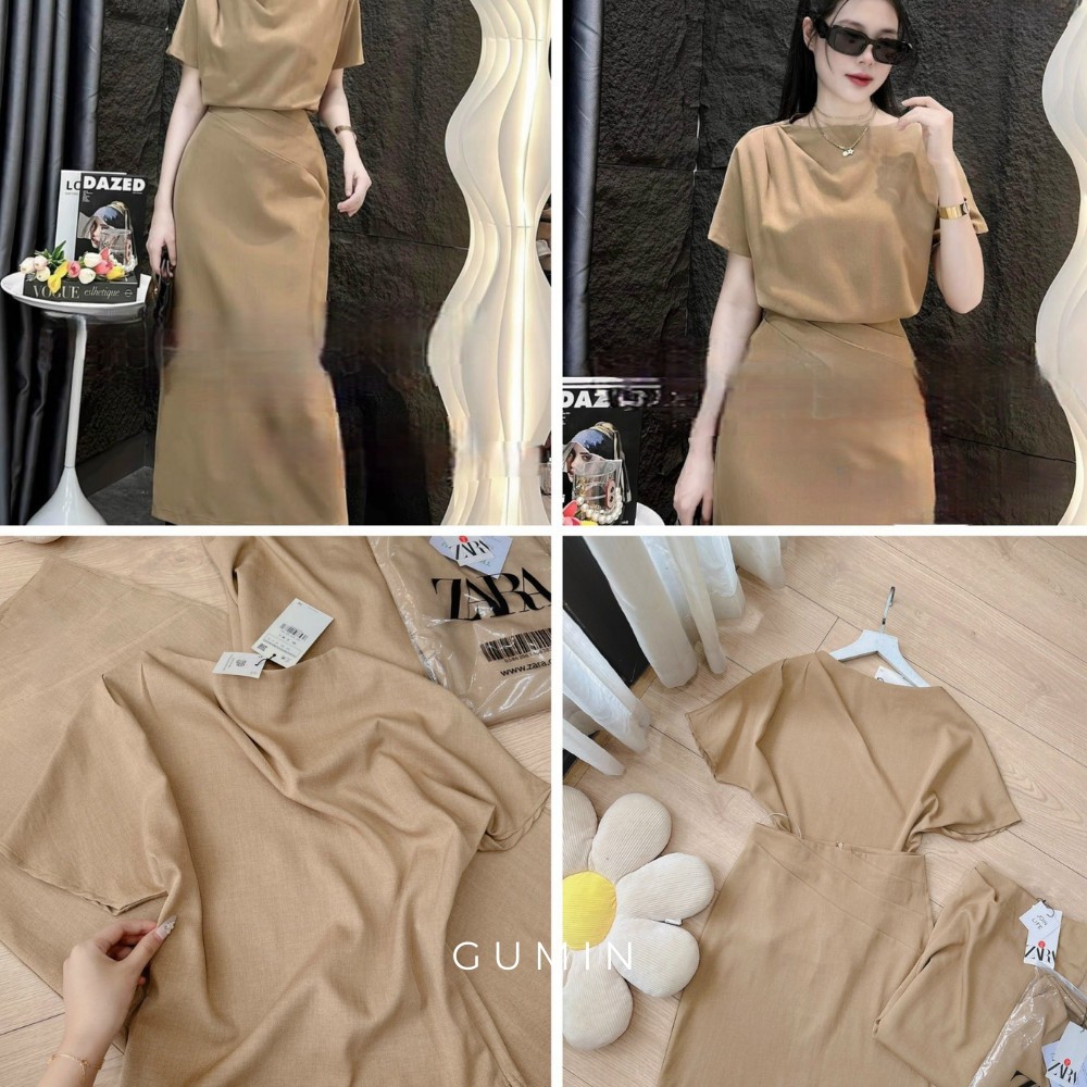 Set áo váy nâu GUMIN thiết kế áo dập ly vai kèm chân váy xẻ sau thanh lịch sang trọng