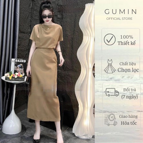 Set áo váy nâu GUMIN thiết kế áo dập ly vai kèm chân váy xẻ sau thanh lịch sang trọng