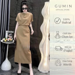 Set áo váy nâu GUMIN thiết kế áo dập ly vai kèm chân váy xẻ sau thanh lịch sang trọng