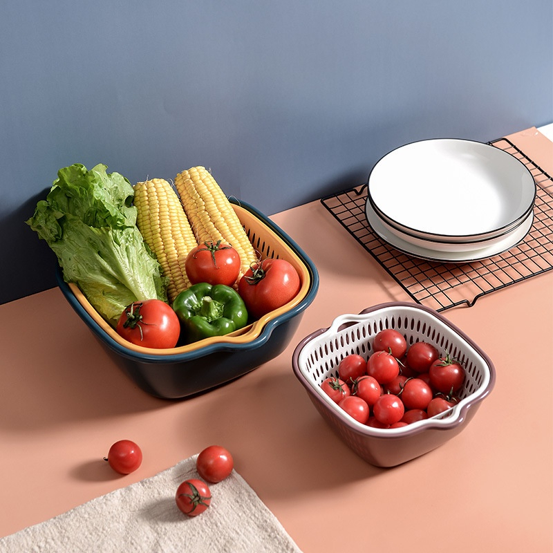 Set 6 món rổ kèm chậu bộ 3 rổ và chậu, thau nhựa rửa rau củ đựng hoa quả trái cây 2 lớp hình tròn chất liệu nhựa PP