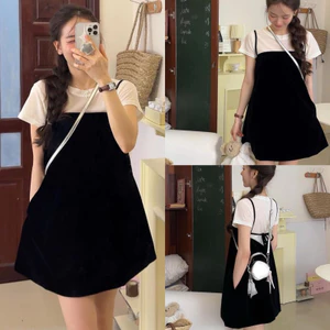 Set Yếm Tuyết Mưa 2 Lớp Có Túi Bên Mix Áo Phông Giấy Siêu Xinh (kèm ảnh thật)