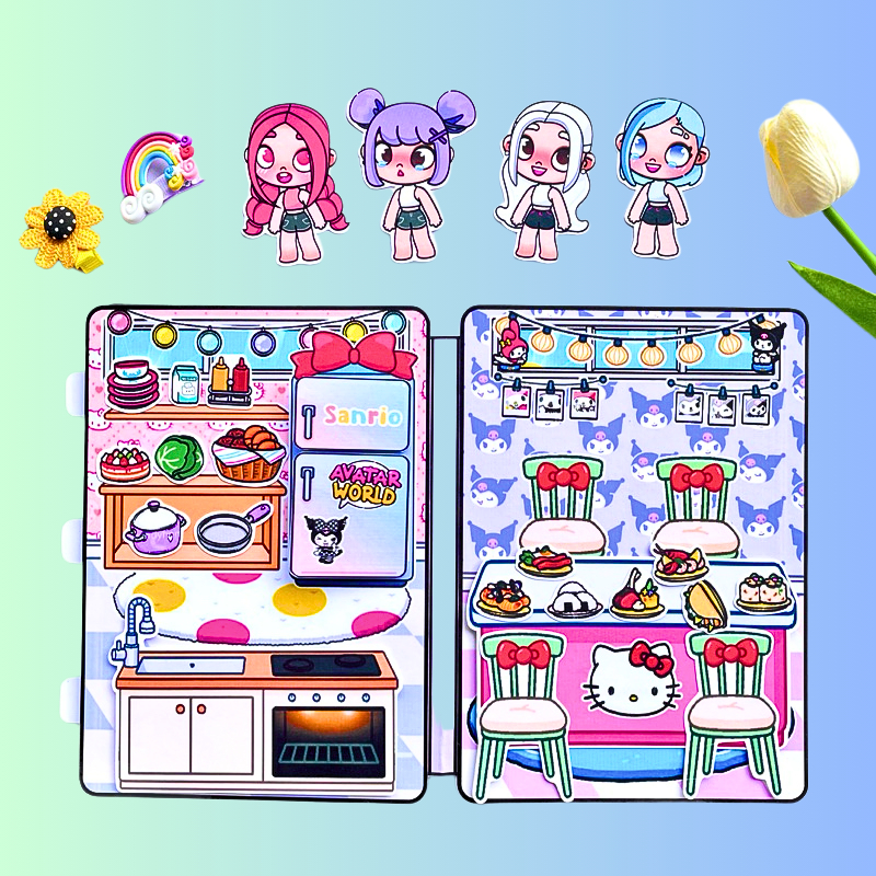 ( Mới) Ngôi nhà 4 cô bé đáng yêu Melody, Kuromi, Cinamoroll, Kitty Đồ chơi giấy búp bê cho bé