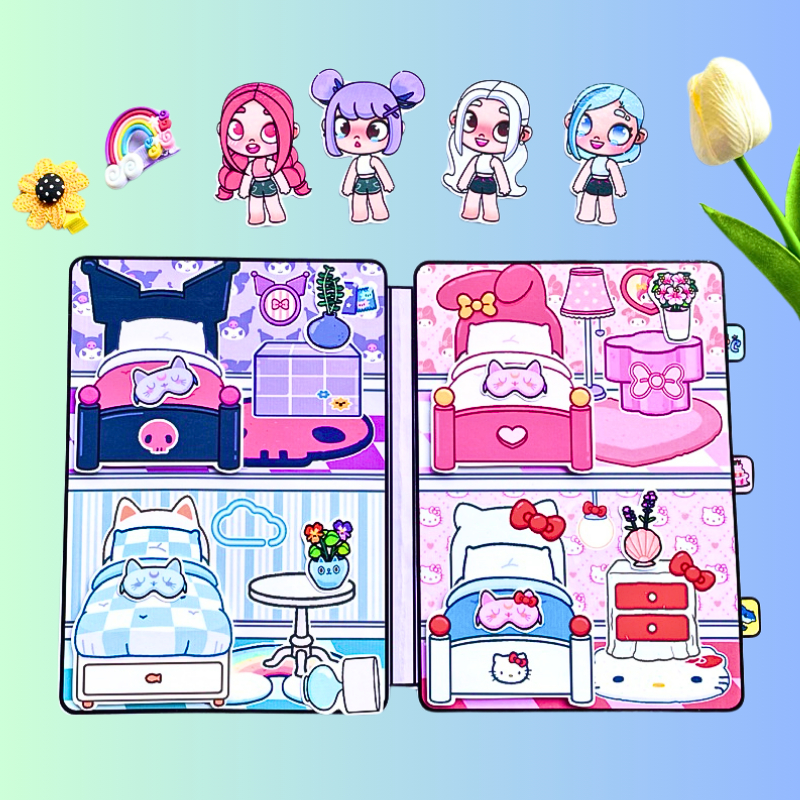 ( Mới) Ngôi nhà 4 cô bé đáng yêu Melody, Kuromi, Cinamoroll, Kitty Đồ chơi giấy búp bê cho bé