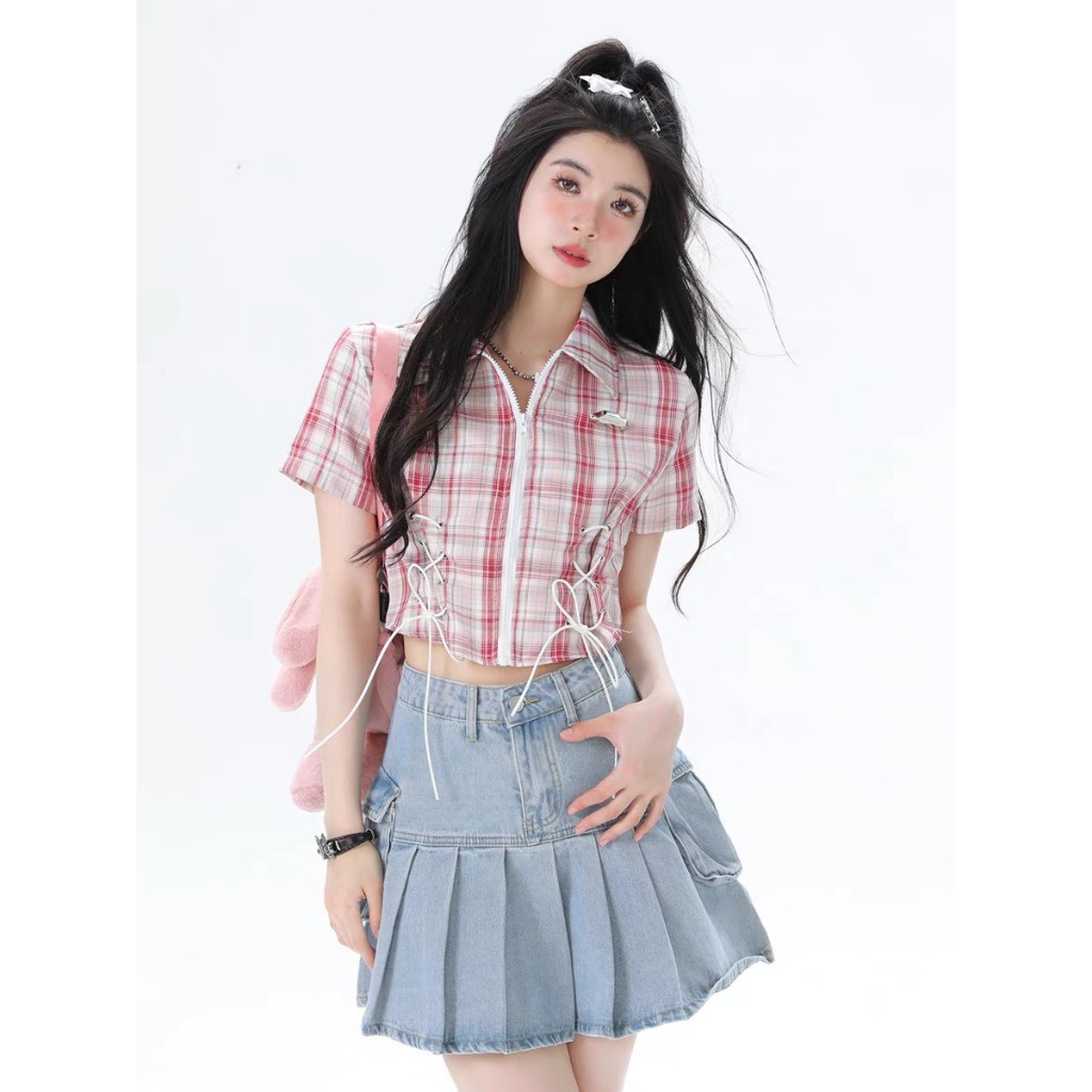 Áo sơ mi croptop nữ tay ngắn Sicily sơ mi kẻ caro khóa kéo