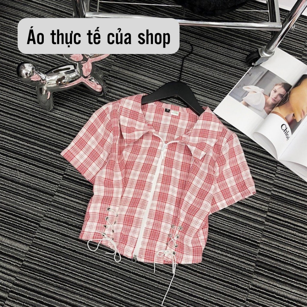 Áo sơ mi croptop nữ tay ngắn Sicily sơ mi kẻ caro khóa kéo
