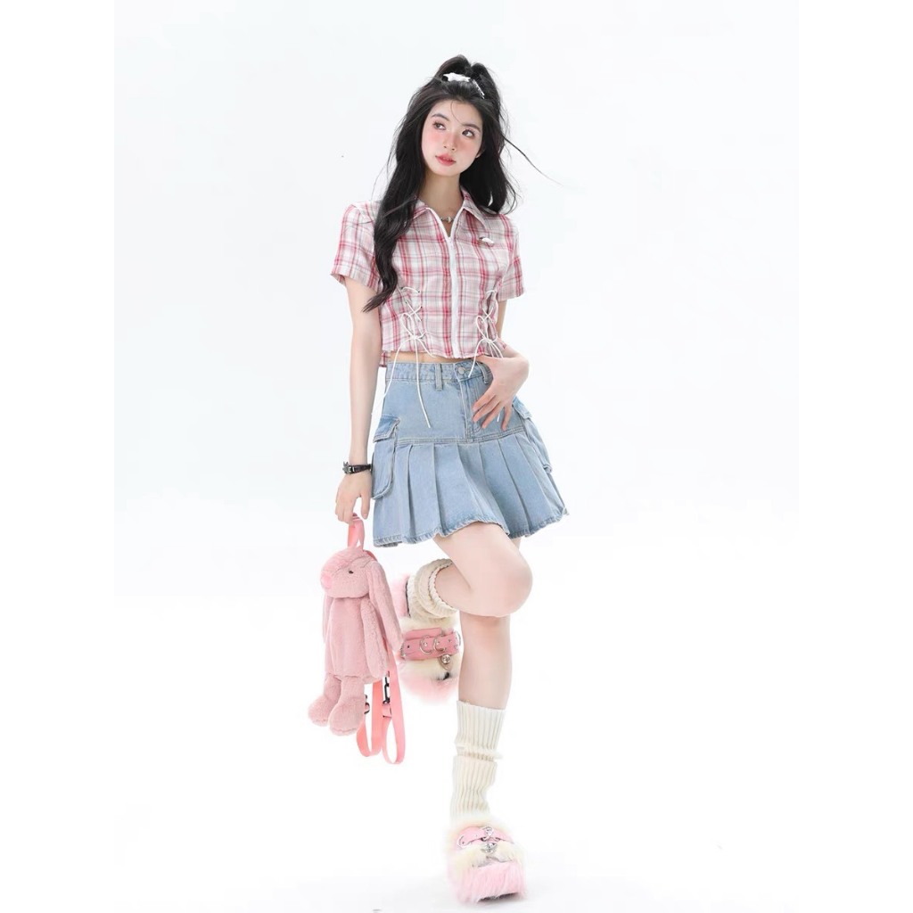 Áo sơ mi croptop nữ tay ngắn Sicily sơ mi kẻ caro khóa kéo