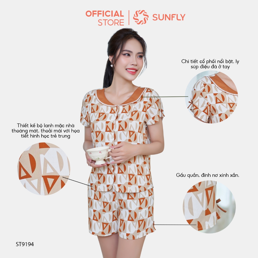 Ảnh Bộ pijamas nữ SUNFLY chất lanh lụa ht dáng áo cộc quần sooc ST9194 1