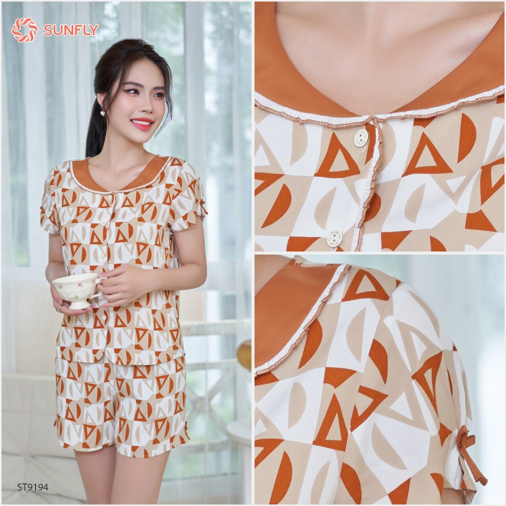Ảnh Bộ pijamas nữ SUNFLY chất lanh lụa ht dáng áo cộc quần sooc ST9194 3