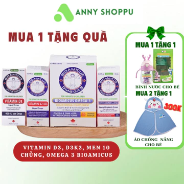 Bộ 4 sản phẩm BIOAMICUS, men 10 chủng, Vitamin D3 cho bé, Vitamin D3K2MK7, Omega 3 DHA Bioamicus