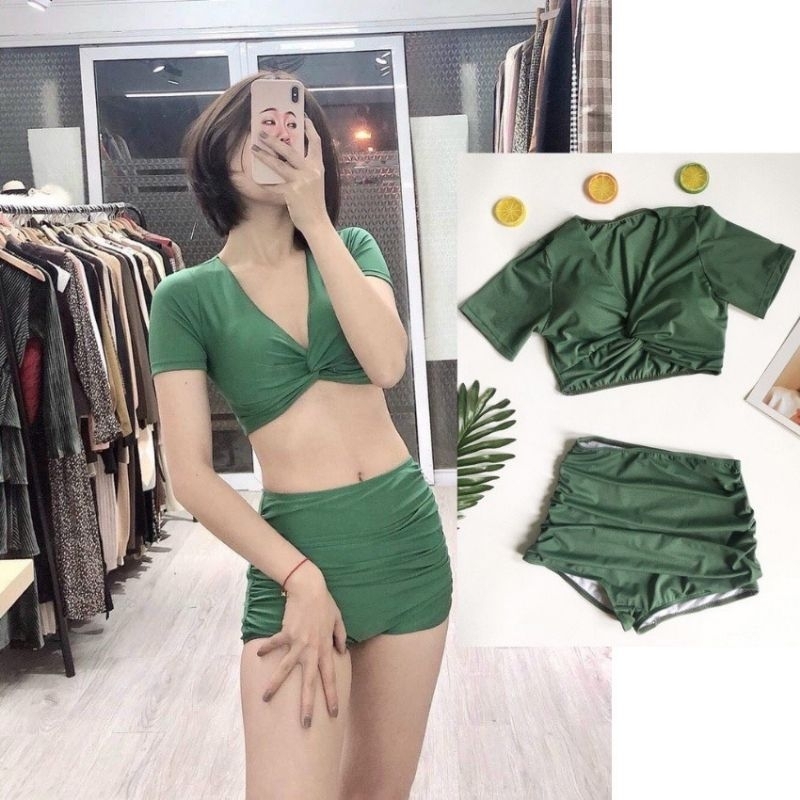 (Xả lỗ)Bikini, Đồ Bơi Đi Biển Hai Mảnh Áo Xoắn Ngực Quần Đùi Nhún Che Bụng Bikini free size dưới 54kg