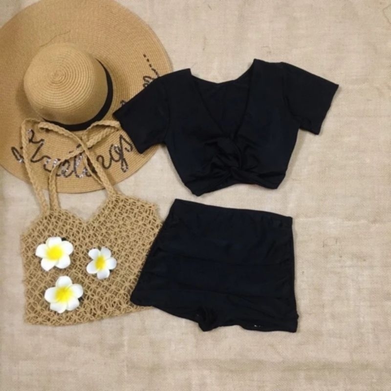 (Xả lỗ)Bikini, Đồ Bơi Đi Biển Hai Mảnh Áo Xoắn Ngực Quần Đùi Nhún Che Bụng Bikini free size dưới 54kg