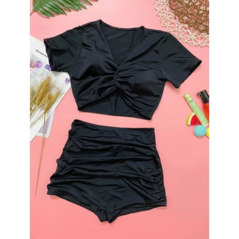 (Xả lỗ)Bikini, Đồ Bơi Đi Biển Hai Mảnh Áo Xoắn Ngực Quần Đùi Nhún Che Bụng Bikini free size dưới 54kg