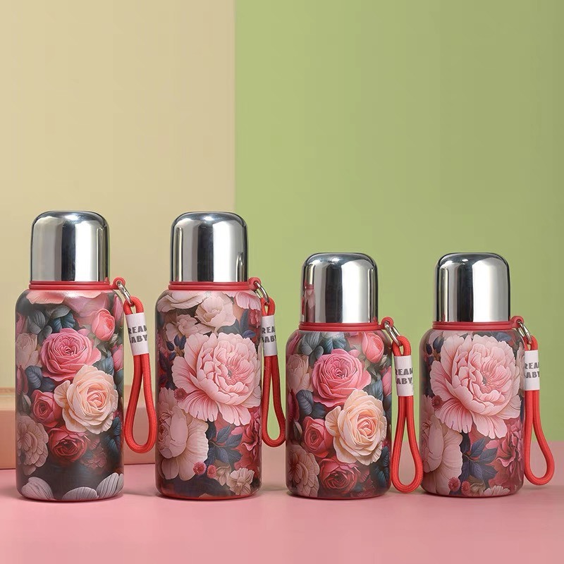 Bình giữ nhiệt in họa tiết hoa hồng hoa mẫu đơn có dây xách -nắp làm cốc uống tiện lợi | Shopee Việt Nam