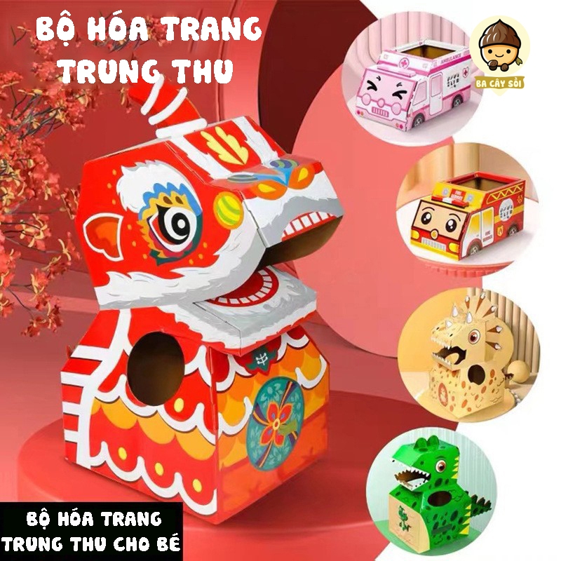 Đồ Chơi Hóa Trang Trung Thu Kỳ Lân/Khủng Long - Bằng Bìa Cứng, Tự Lắp Ghép DIY, Vui Nhộn Cho Bé