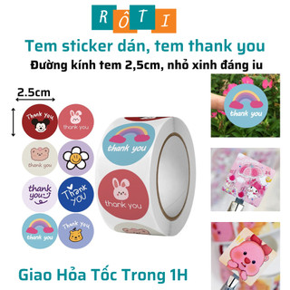 Cuộn 500 miếng dán họa tiết cảm ơn Thank you, trang trí hộp quà, gói hàng, đường kính 2,5cm, mẫu ngẫu nhiên