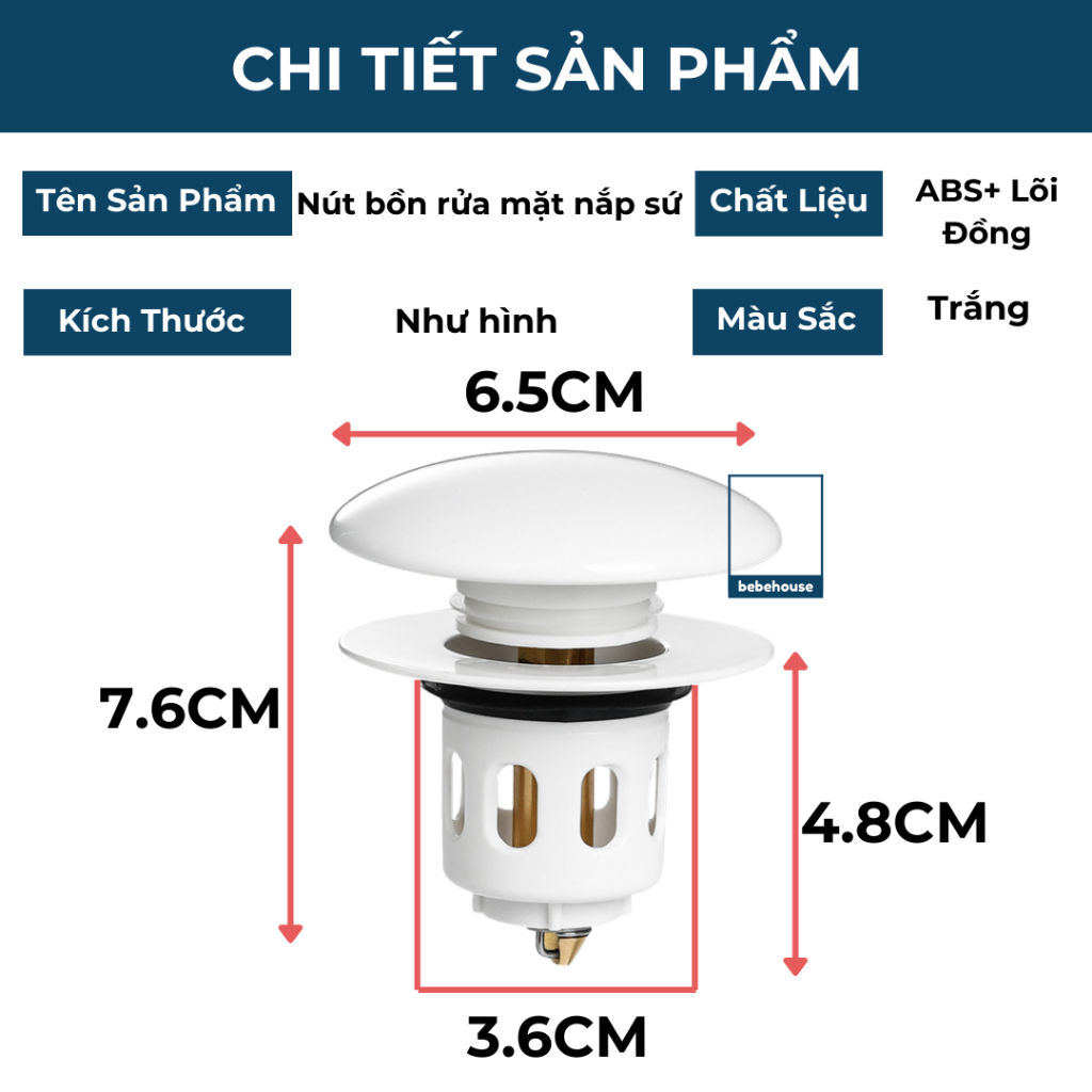 Nút nhấn xả bồn rửa mặt lavabo nắp sứ cao cấp HT040 (4cm) BEBEHOUSE