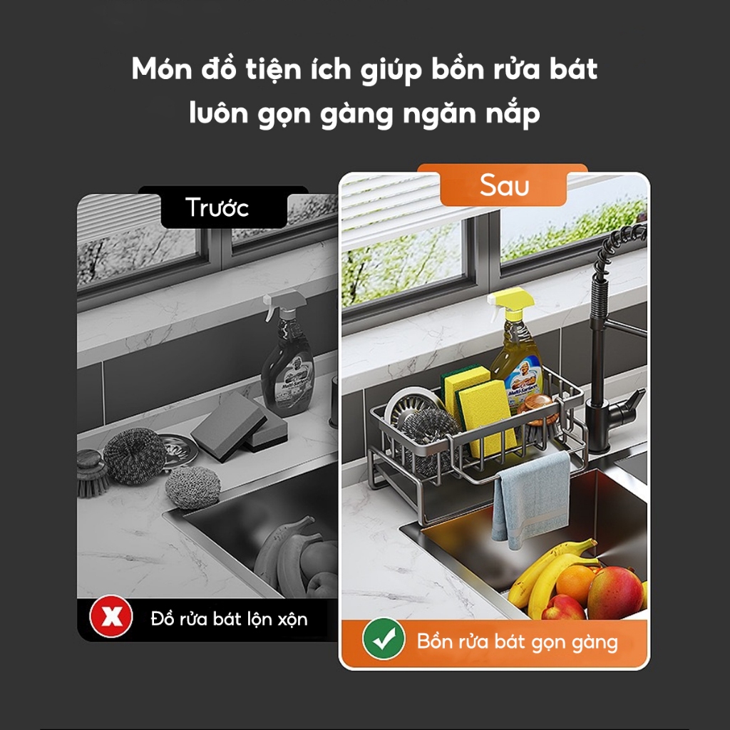 Giá Để Đồ Rửa Chén Bát Thép Không Gỉ, Kệ Đựng Đồ Bồn Rửa Bát Tiện Lợi Kèm Khay Hứng Nước Treo Khăn