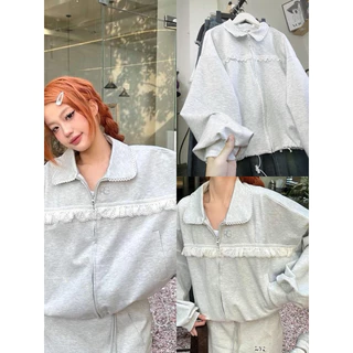 Áo Khoác Zip Nữ Thêu Chữ PG Họa Tiết Phối Viền Ren,  Áo Khoác Nỉ 2 Da Siêu Dày Form Rộng Tay Bồng Thời Trang Hàn Quốc